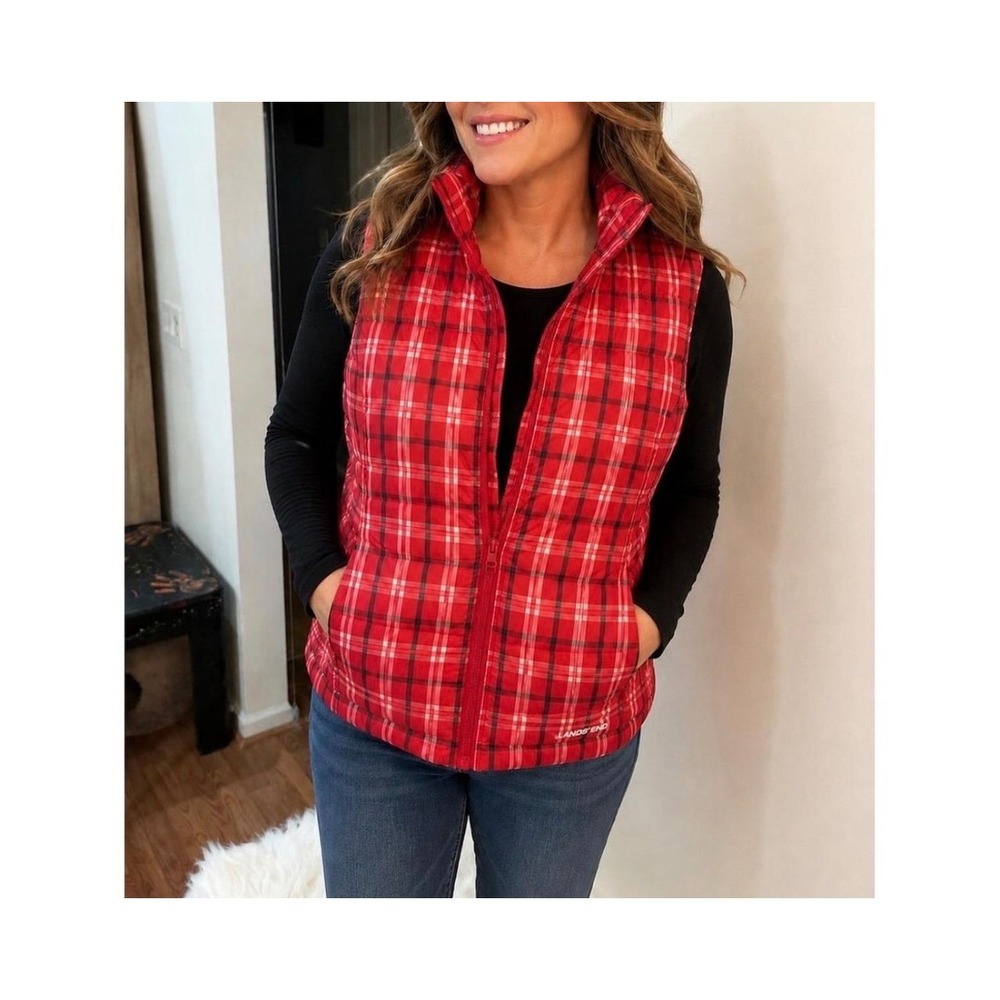 Lands End Womens 1X Puffer Vest Red Plaid Down Filled Quilted Full Zip RN62830